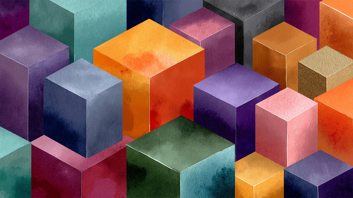 Isometric Watercolor Cube Mural Wallpaper — Modern Geometric Art Mural Wallpaper - room preview 04
