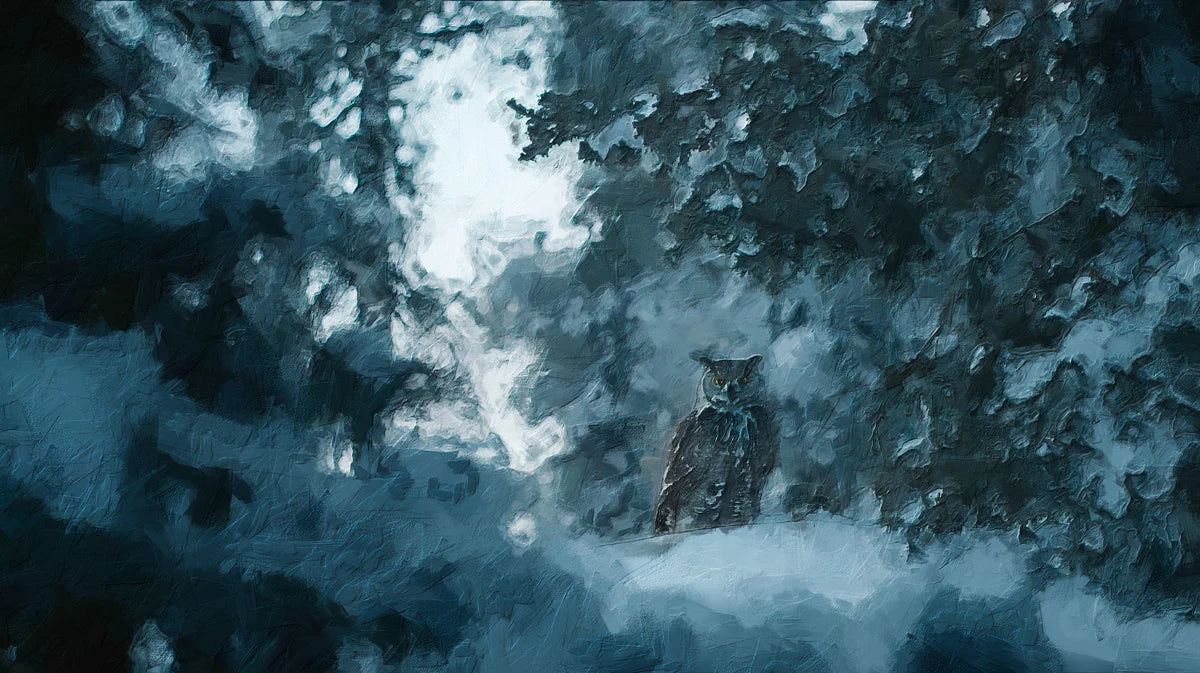 Snowy Owl Night Forest Mural Wallpaper — Moody Winter Art Mural Wallpaper - room preview 04
