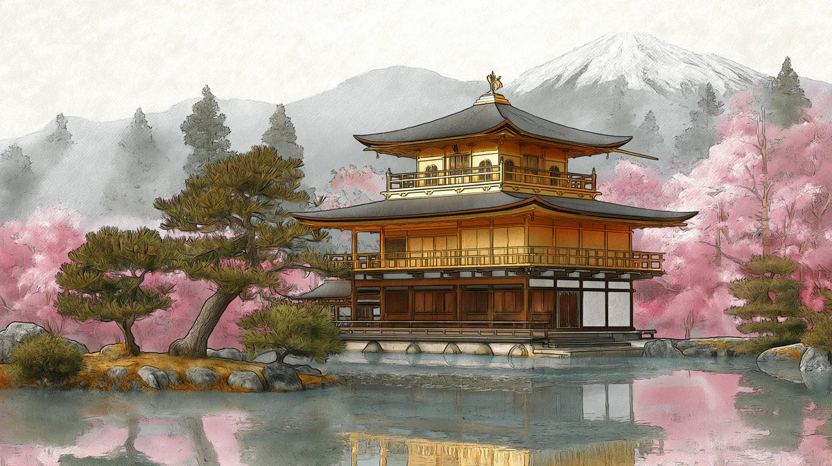 Golden Pavilion Zen Landscape Mural Wallpaper — Painterly Oriental Art Mural Wallpaper - room preview 04