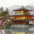 Golden Pavilion Zen Landscape Mural Wallpaper — Painterly Oriental Art Mural Wallpaper - room preview 04