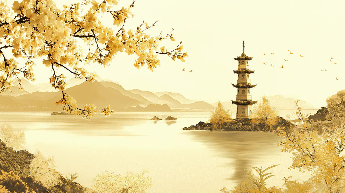 Oriental Pagoda Island Mural Wallpaper — Sepia Mountain Landscape Mural Wallpaper - room preview 04