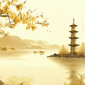 Oriental Pagoda Island Mural Wallpaper — Sepia Mountain Landscape Mural Wallpaper - room preview 04