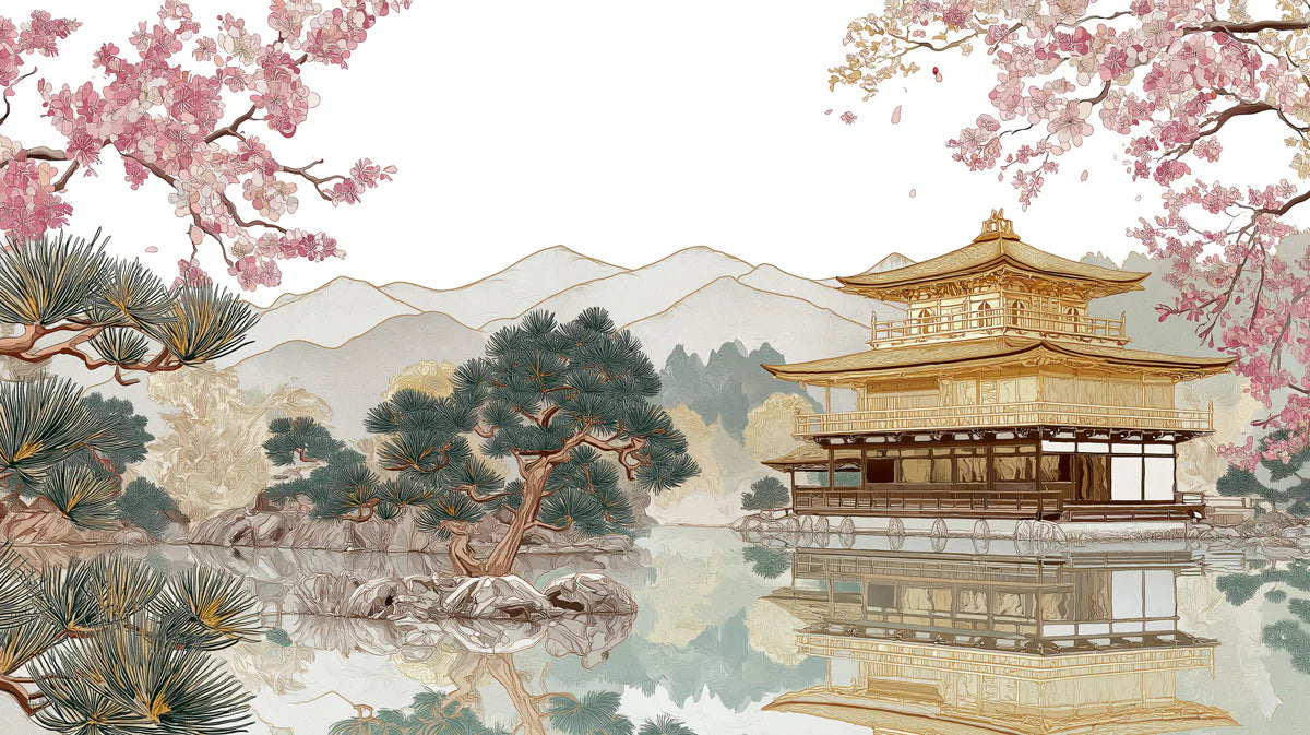 Golden Pavilion & Pink Blossom Mural Wallpaper — Oriental Landscape Mural Wallpaper - room preview 04