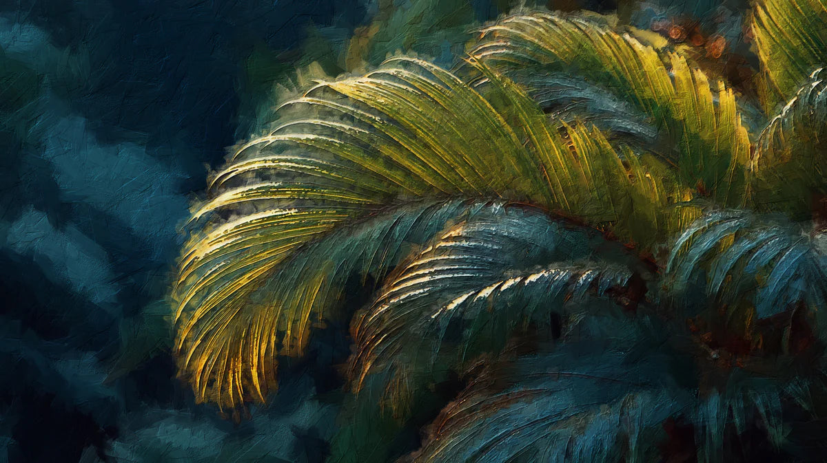 Impressionist Palm Leaf Mural Wallpaper — Moody Jungle Art Mural Wallpaper - room preview 04