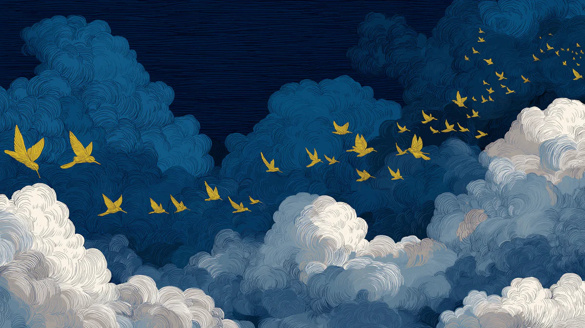 Golden Swallows Mural Wallpaper — Midnight Sky Artistic Design Mural Wallpaper - room preview 04