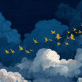 Golden Swallows Mural Wallpaper — Midnight Sky Artistic Design Mural Wallpaper - room preview 04