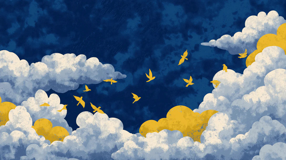Golden Swallows Mural Wallpaper — Painterly Indigo Sky Pattern Mural Wallpaper - room preview 04