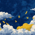 Golden Swallows Mural Wallpaper — Painterly Indigo Sky Pattern Mural Wallpaper - room preview 04