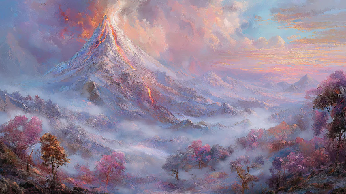 Erupting Volcano Mural Wallpaper — Surreal Pastel Mountain Scenery Mural Wallpaper - room preview 04