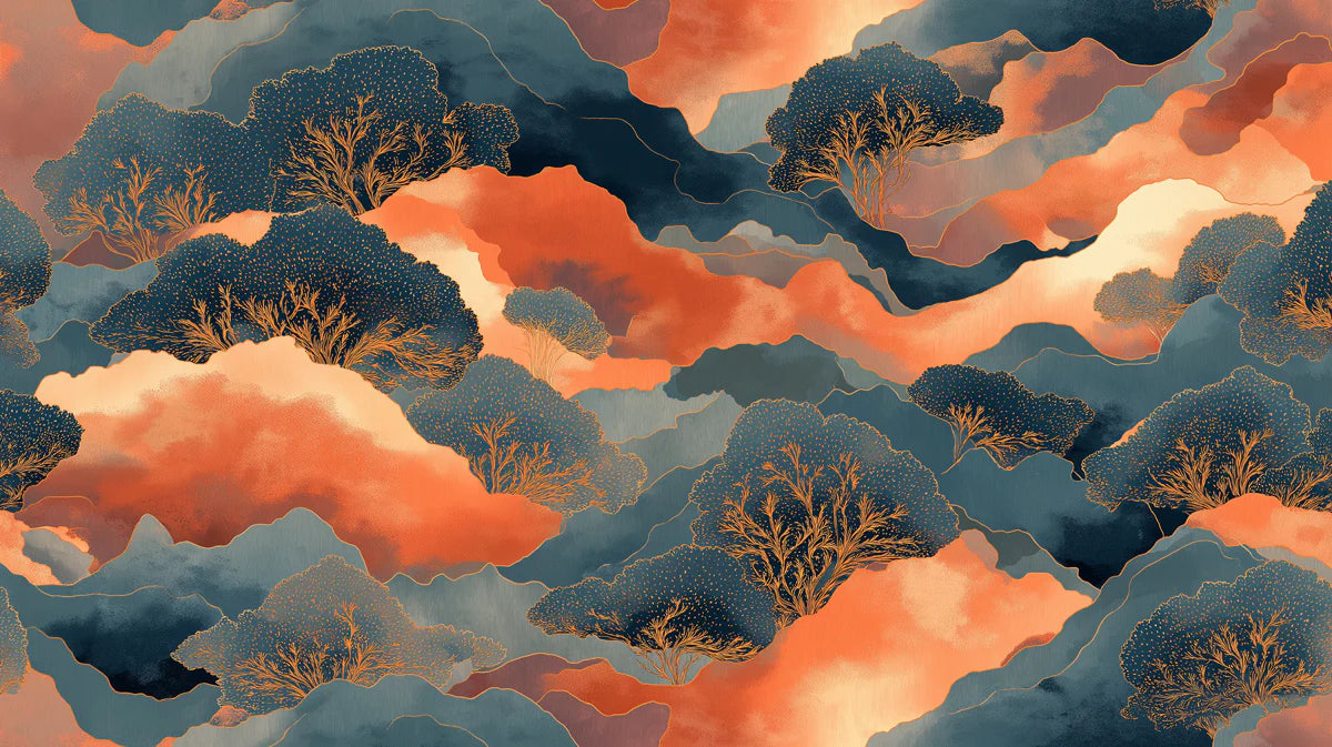 Abstract Sunset Landscape Mural Wallpaper in Teal and Burnt Orange Mural Wallpaper - room preview 04