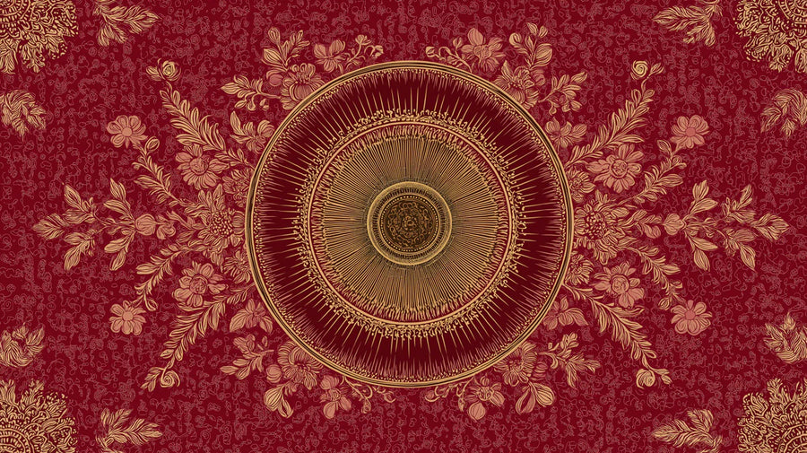 Mandala Wallpaper Mural – Zen Pattern Wall Mural – Crimson and Gold Mandala — Royal Floral Pattern printable artwork