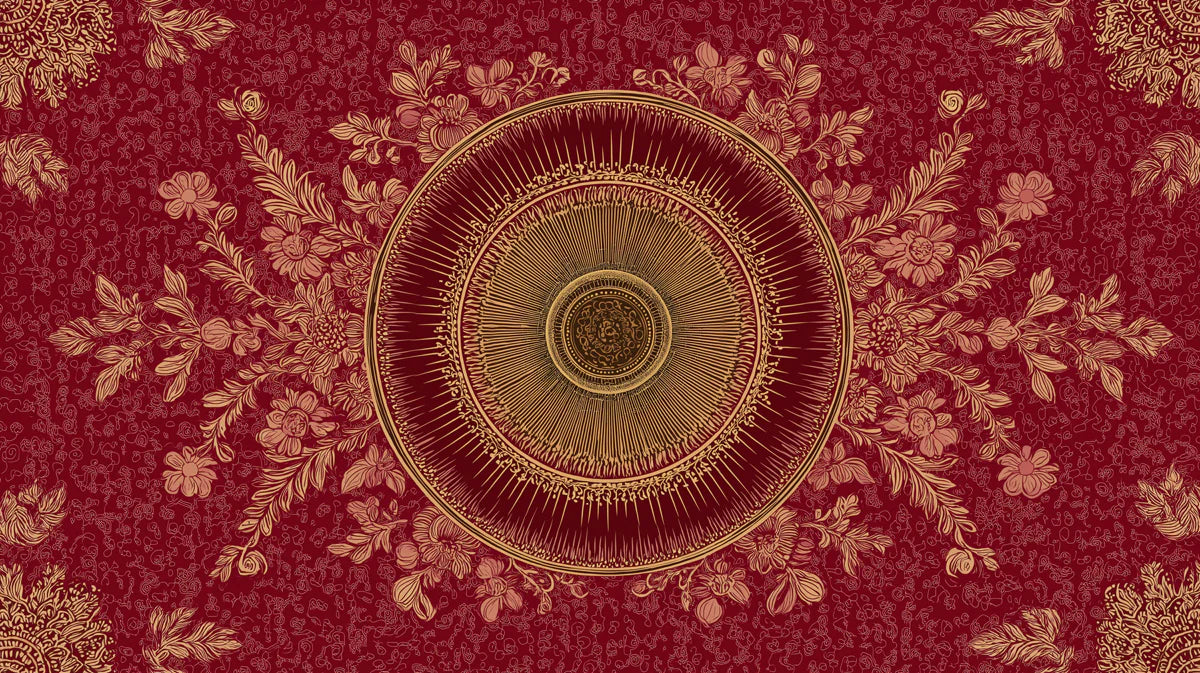 Crimson and Gold Mandala Mural Wallpaper — Royal Floral Pattern Mural Wallpaper - room preview 04
