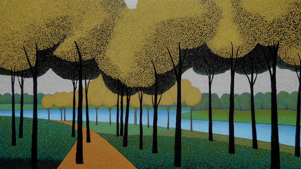 Pointillist Golden Forest Mural Wallpaper — Impressionistic Scenery Mural Wallpaper - room preview 04