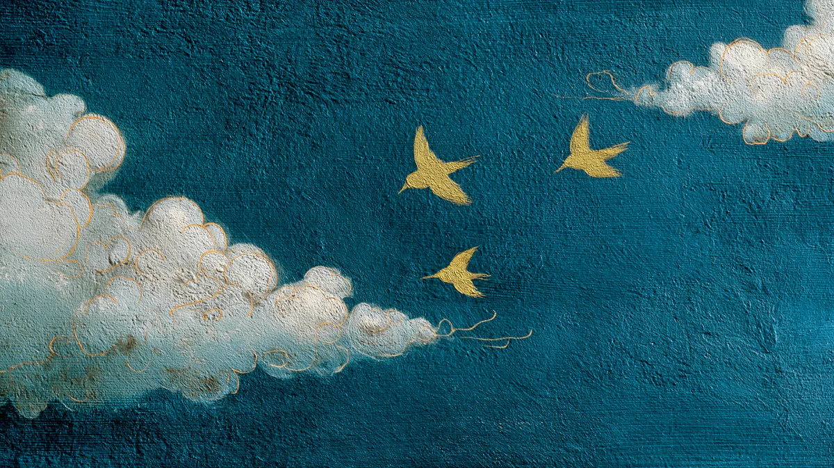 Golden Birds in Teal Sky Mural Wallpaper — Minimalist Artistic Style Mural Wallpaper - room preview 04