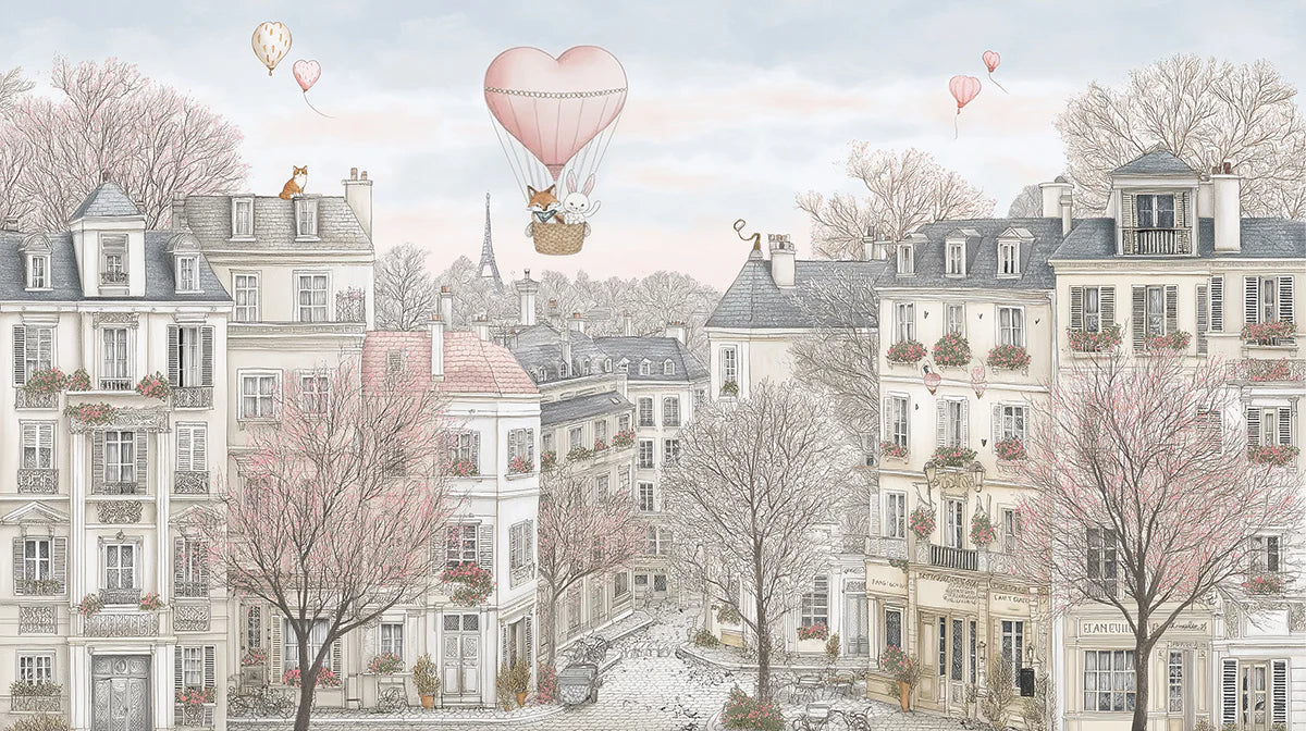 Parisian Sketch Townscape Mural Wallpaper — Soft Pink and Cream Mural Wallpaper - room preview 04