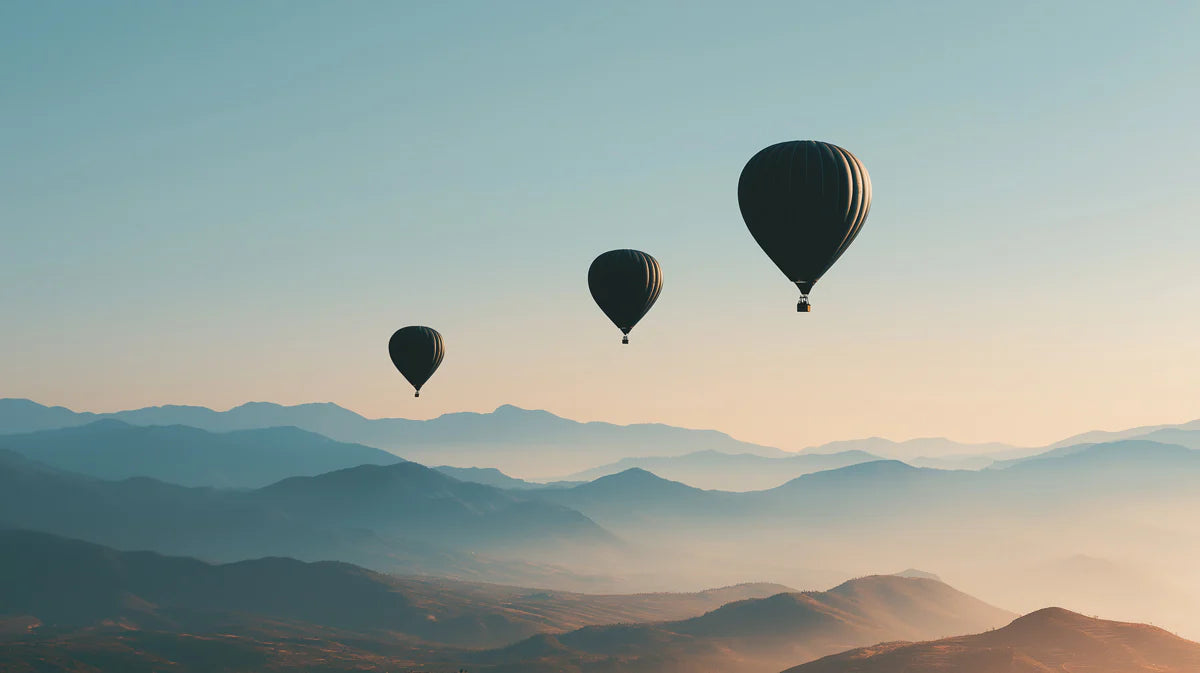 Floating Hot Air Balloons Over Misty Mountains Mural Wallpaper - room preview 04