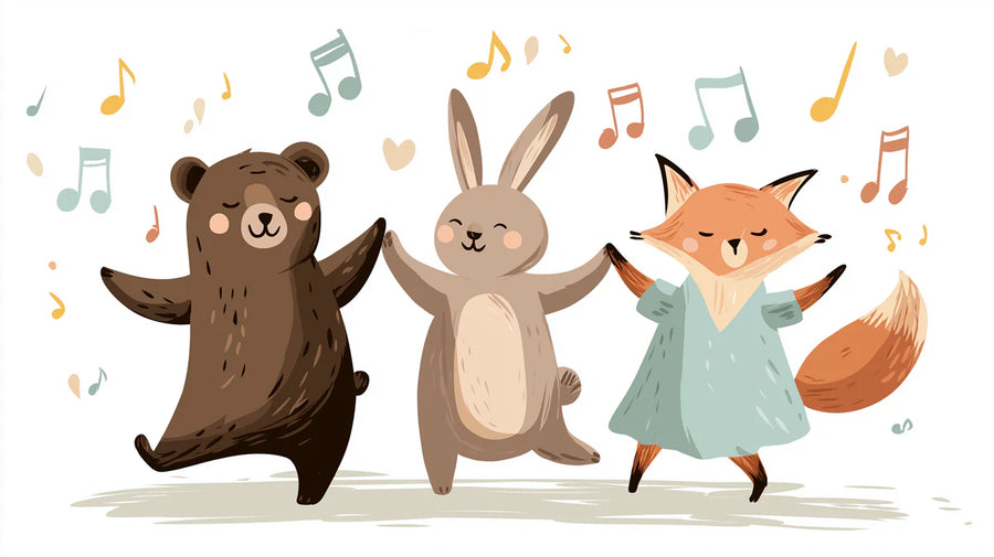 Kids Room Wallpaper Mural – Children Wall Mural – Dancing Woodland Friends — Playful Musical Illustration printable artwork