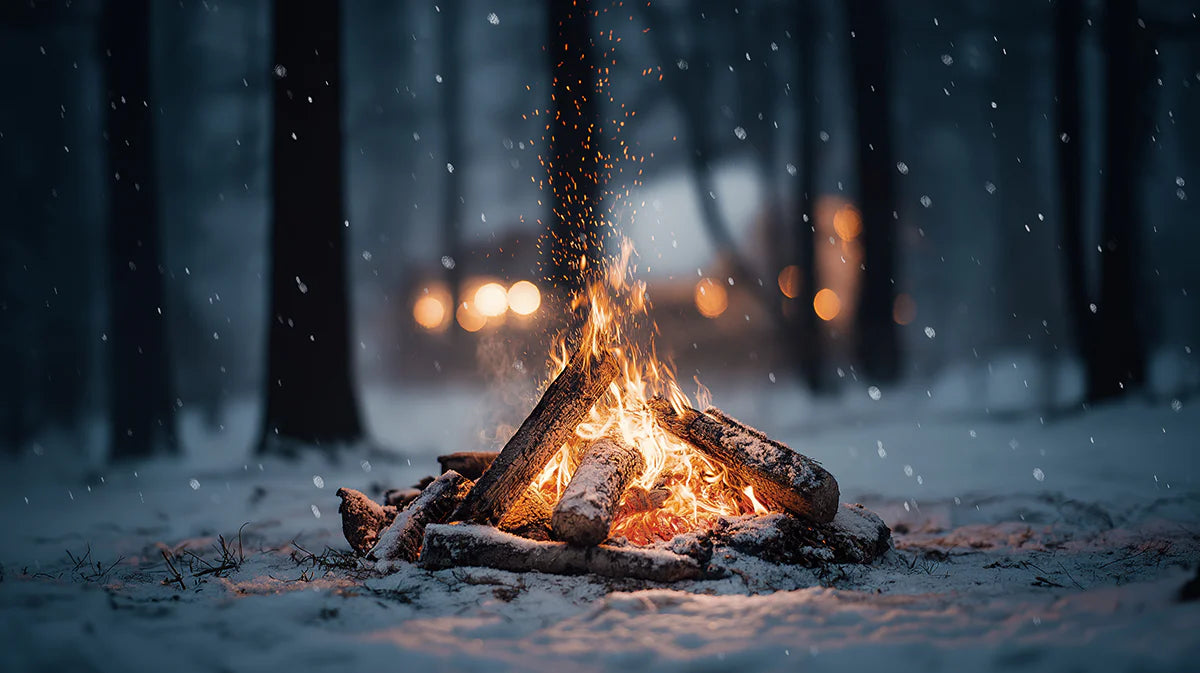 Snowy Campfire Night Mural Wallpaper — Moody Winter Landscape Mural Wallpaper - room preview 04