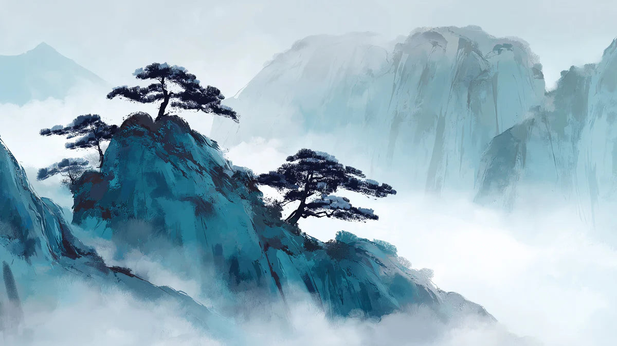 Ink Wash Mountain Pine Mural Wallpaper — Traditional Blue Landscape Mural Wallpaper - room preview 04