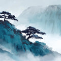 Ink Wash Mountain Pine Mural Wallpaper — Traditional Blue Landscape Mural Wallpaper - room preview 04
