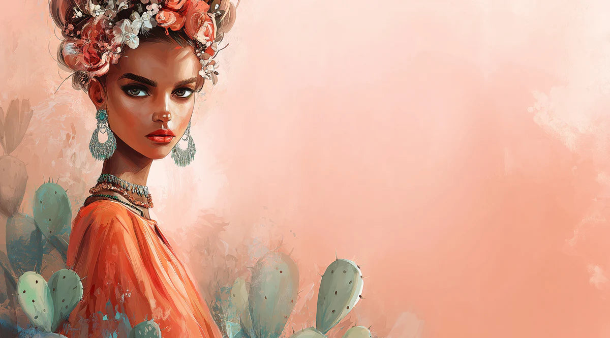 Bohemian Portrait Mural Wallpaper — Floral and Cactus Art Mural Wallpaper - room preview 04