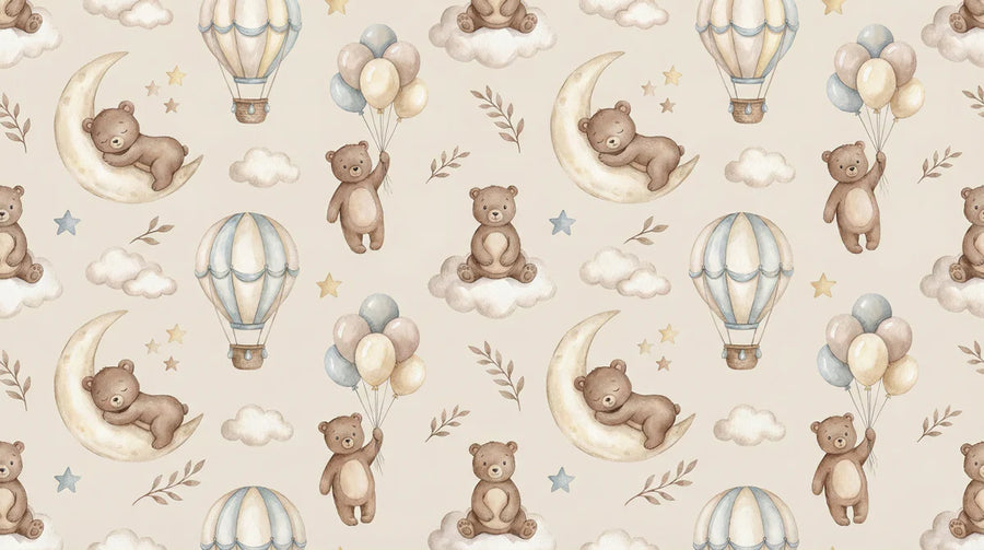 Kids Room Wallpaper Mural – Children Wall Mural – Sleepy Bear and Moon — Soft Whimsical Pattern printable artwork
