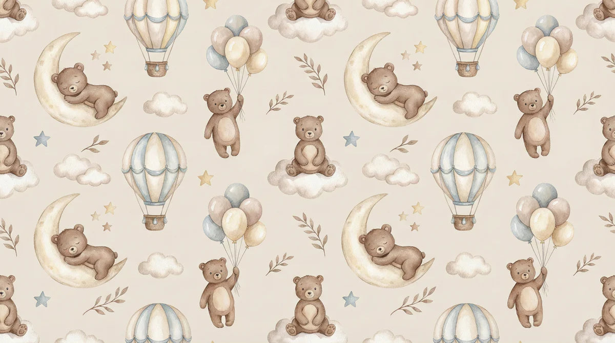 Sleepy Bear and Moon Mural Wallpaper — Soft Whimsical Pattern Mural Wallpaper - room preview 04