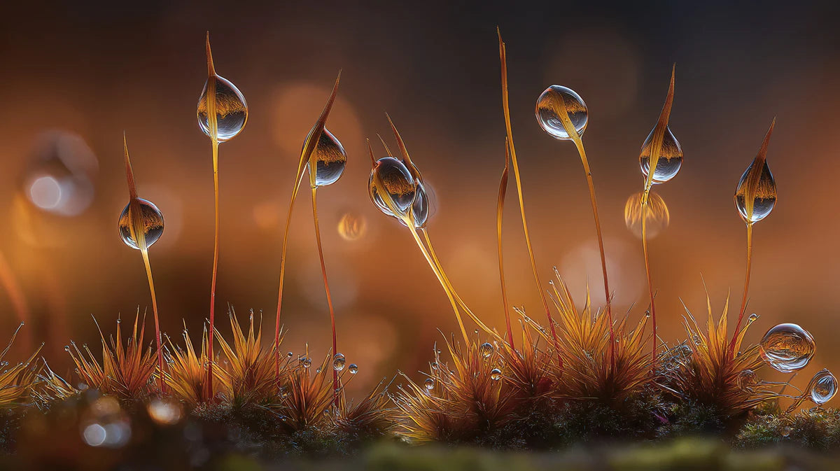 Macro Moss Dewdrop Mural Wallpaper — Warm Nature Fantasy Mural Wallpaper - room preview 04