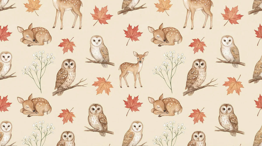Baby Animals Wallpaper Mural – Cute Animals Wall Mural – Autumn Woodland Animals — Watercolor Forest Pattern printable artwork