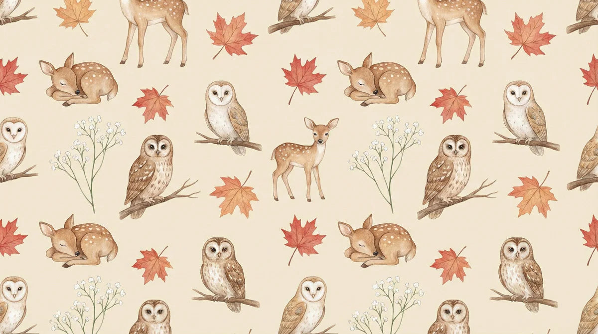 Autumn Woodland Animals Mural Wallpaper — Watercolor Forest Pattern Mural Wallpaper - room preview 04