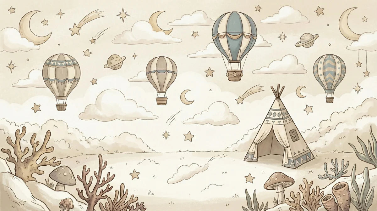 Vintage Sky Adventure Mural Wallpaper — Sepia Sketch Scene Mural Wallpaper - room preview 04
