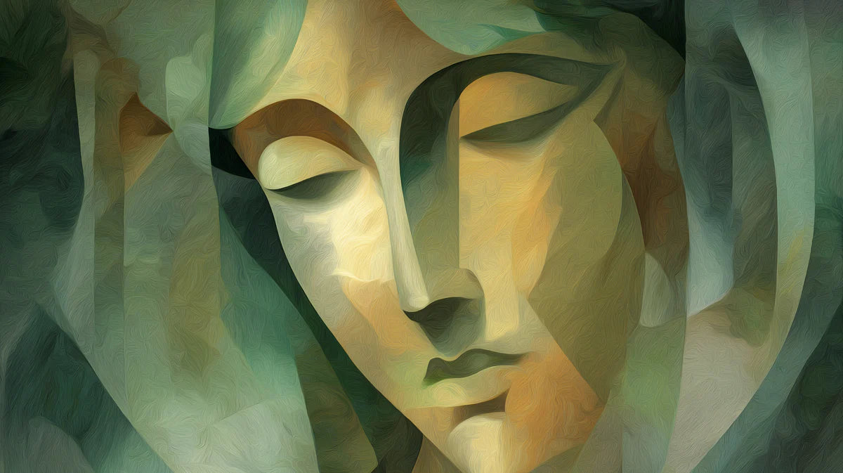 Cubist Portrait Mural Wallpaper — Artistic Green and Gold Mural Wallpaper - room preview 04