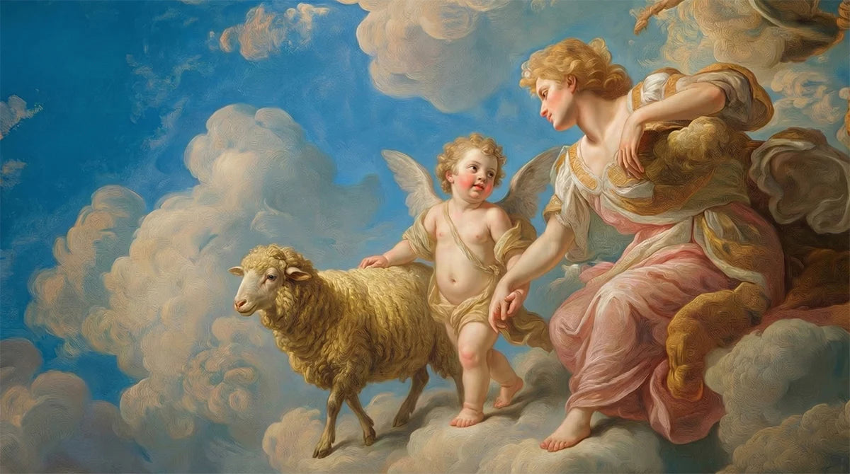 Renaissance Angel and Sheep Mural Wallpaper — Heavenly Cloud Design Mural Wallpaper - room preview 04