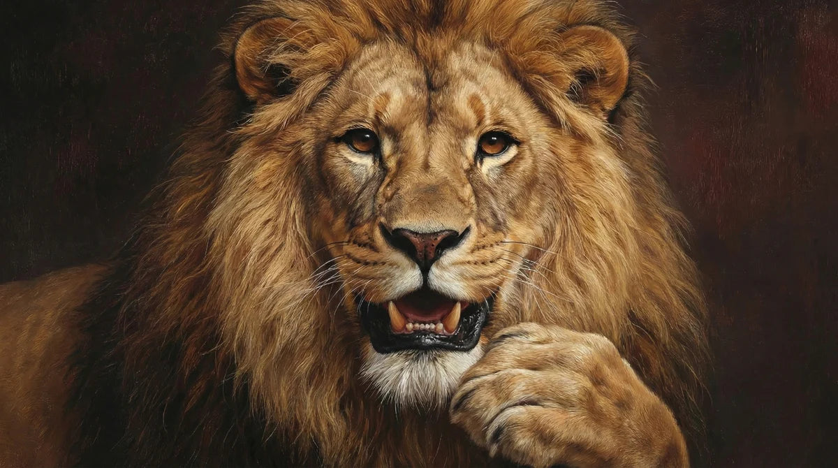 Majestic Lion Portrait Mural Wallpaper —Dark Realistic Wildlife Mural Wallpaper - room preview 04