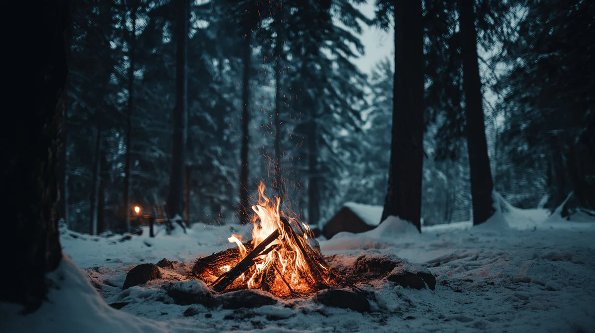 Winter Campfire Forest Mural Wallpaper — Moody Nature Design Mural Wallpaper - room preview 04