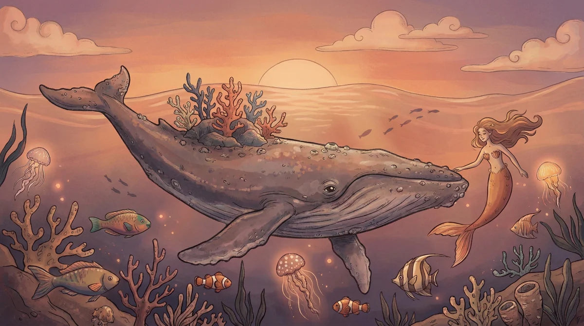 Whale and Mermaid Sunset Mural Wallpaper — Whimsical Fantasy Scene Mural Wallpaper - room preview 04