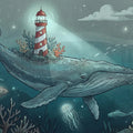 Whale and Lighthouse Ocean Dream Mural Wallpaper — Whimsical Night Mural Wallpaper - room preview 04