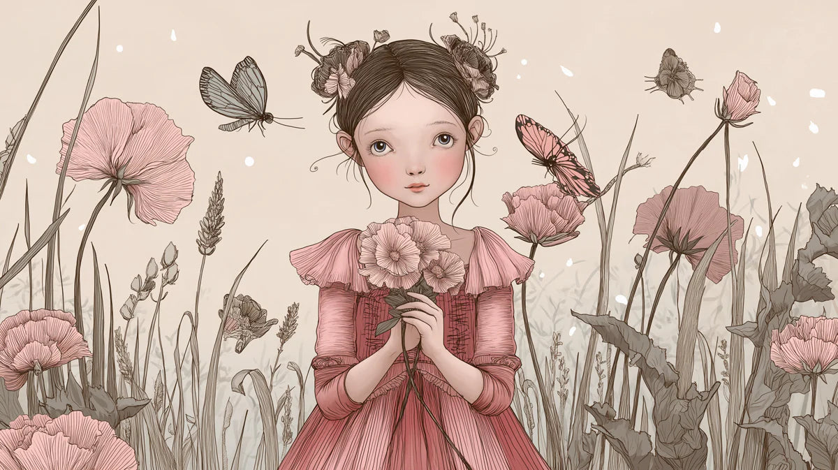 Girl and Poppies Floral Mural Wallpaper — Whimsical Illustration Mural Wallpaper - room preview 04