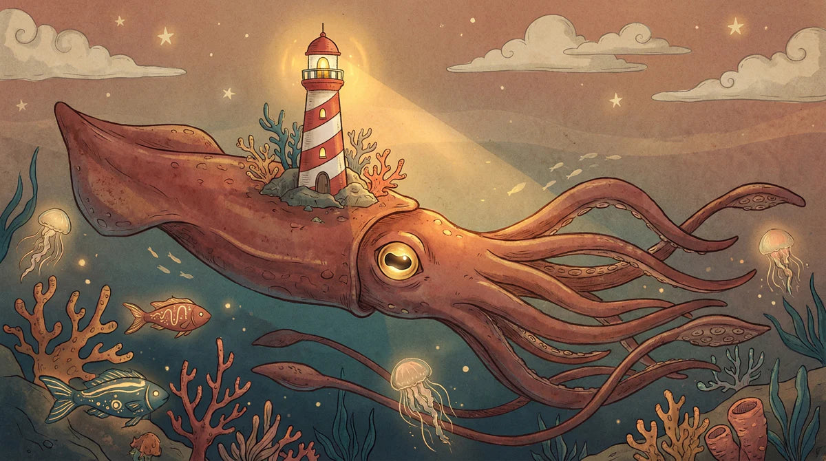 Giant Squid and Lighthouse Mural Wallpaper — Whimsical Nautical Mural Wallpaper - room preview 04