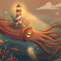 Giant Squid and Lighthouse Mural Wallpaper — Whimsical Nautical Mural Wallpaper - room preview 04