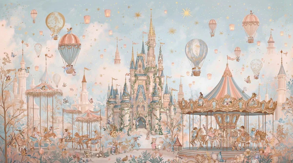 Fairytale Kingdom Mural Wallpaper — Whimsical Pastel Castle Design Mural Wallpaper - room preview 04