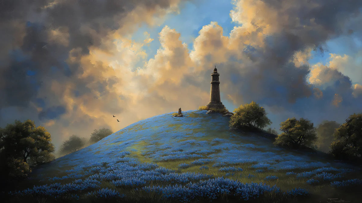 Coastal Lighthouse Hill Mural Wallpaper — Painterly Sunset Landscape Mural Wallpaper - room preview 04