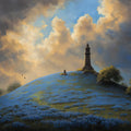 Coastal Lighthouse Hill Mural Wallpaper — Painterly Sunset Landscape Mural Wallpaper - room preview 04