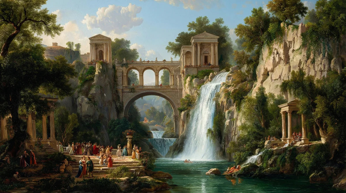 Classical Waterfall & Roman Ruins Mural Wallpaper — Oil Painting Style Mural Wallpaper - room preview 04