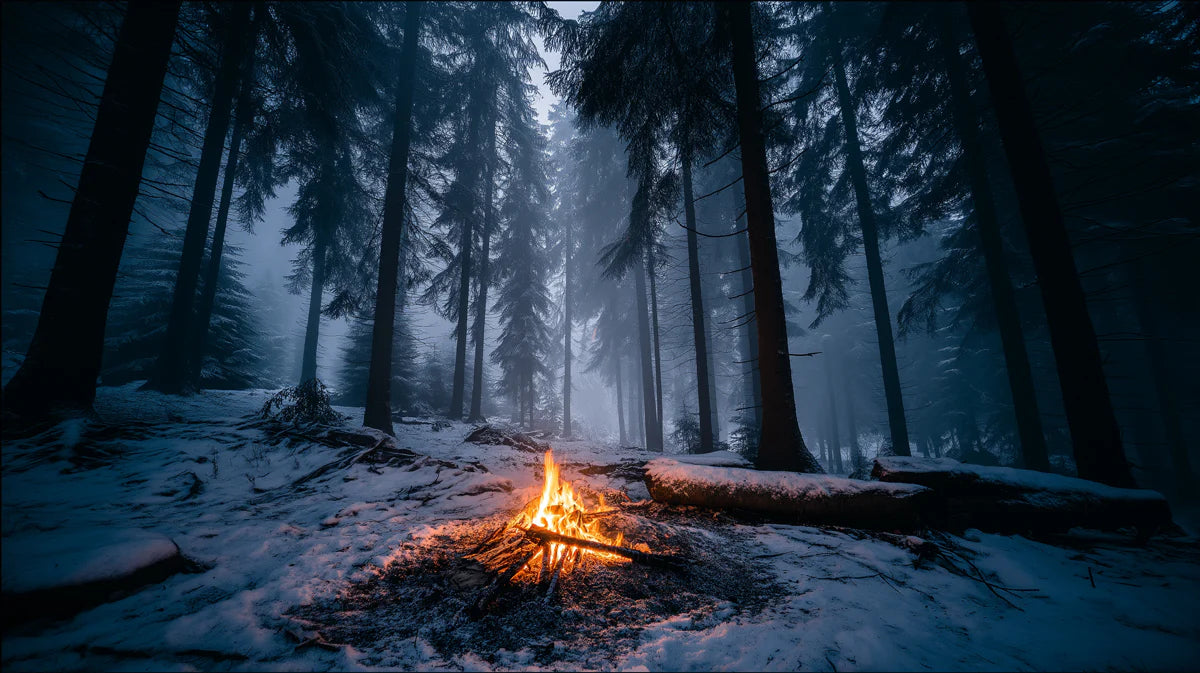 Midnight Campfire Winter Forest Mural Wallpaper —Moody Nature Mural Wallpaper - room preview 04