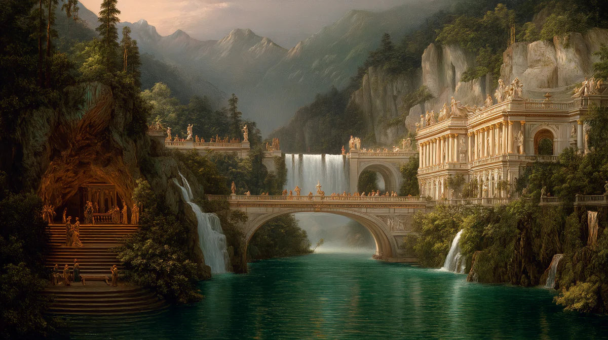 Mythical Palace & Waterfall Mural Wallpaper — Classical Landscape Mural Wallpaper - room preview 04