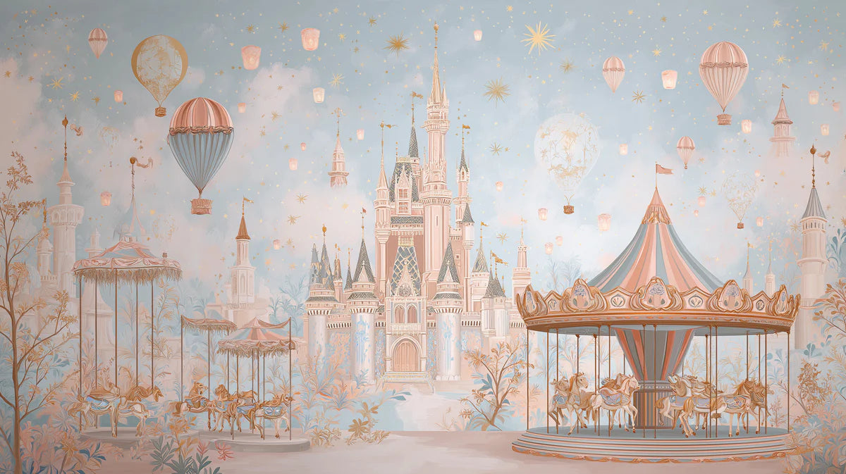 Fantasy Castle & Carousel Mural Wallpaper — Whimsical Pastel Scene Mural Wallpaper - room preview 04
