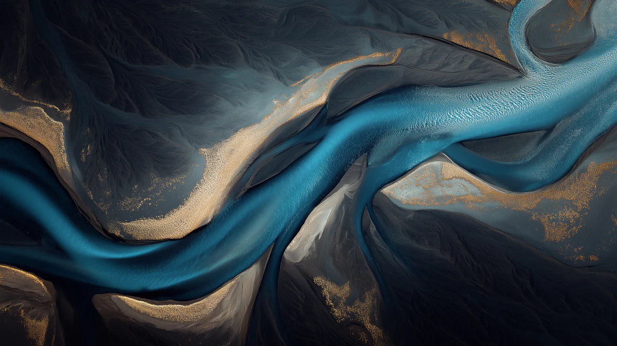 Aerial River Delta Mural Wallpaper — Moody Teal and Gold Abstract Mural Wallpaper - room preview 04
