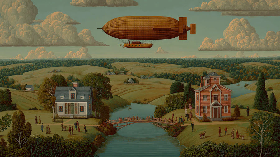 Landscape Wallpaper Mural – Scenery Wall Mural – Vintage Airship Landscape for Storybook Interiors printable artwork