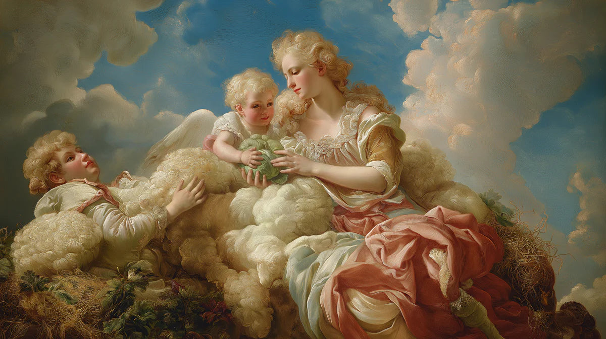 Renaissance Cherub and Mother Cloud Mural Wallpaper - room preview 04
